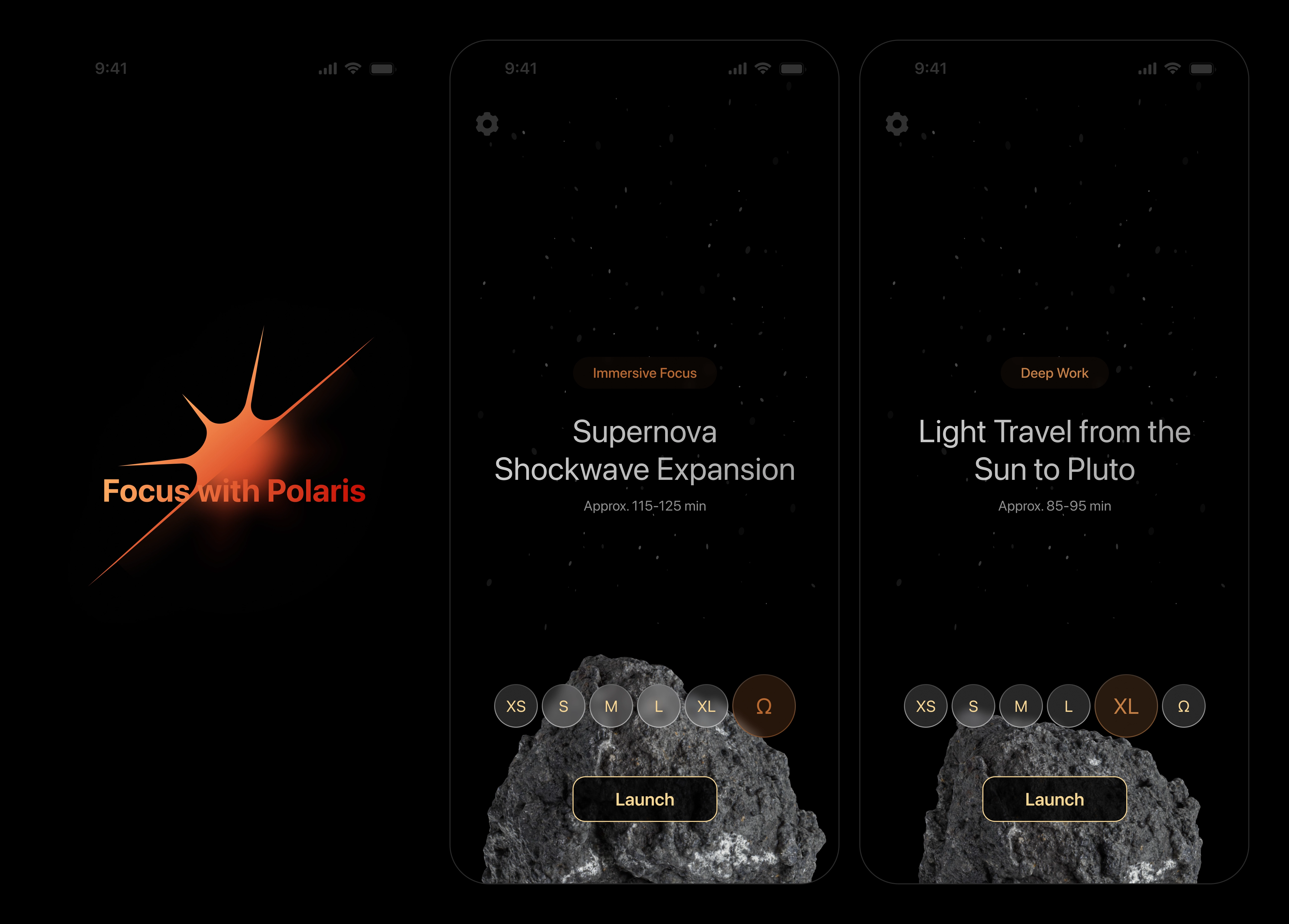 Polaris app screens — focus sessions and interface