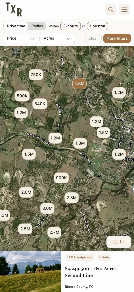 Mobile property search — map with price markers and listing card